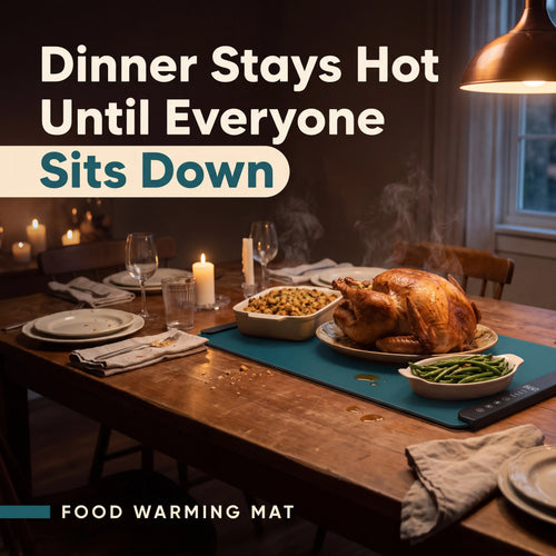 Deep Teal food warming mat keeping a roast turkey and sides hot on a holiday dinner table
