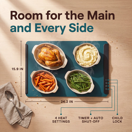 Overhead view of the mat holding four serving dishes, with its 24.2 by 15.9 inch size and controls labelled