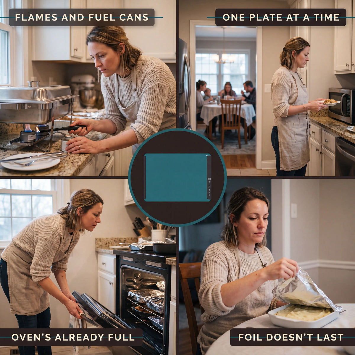 Four ways hosts try to keep food warm: fuel cans, the microwave, a full oven and foil