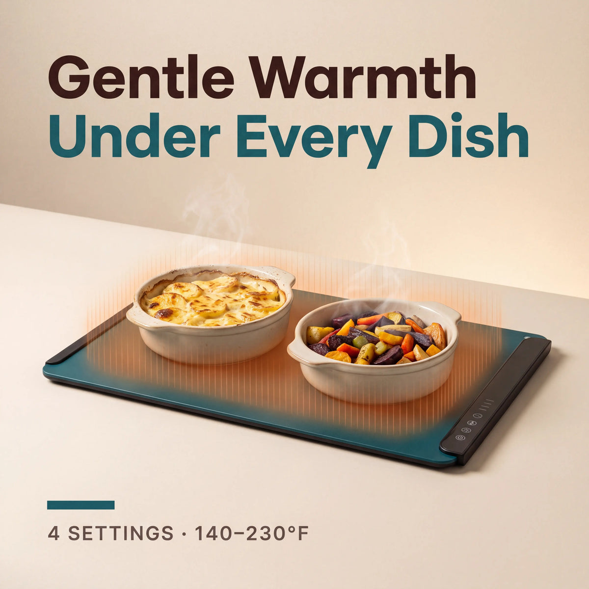 Gentle warmth rising across the whole mat under two dishes, with 4 settings from 140 to 230 degrees F