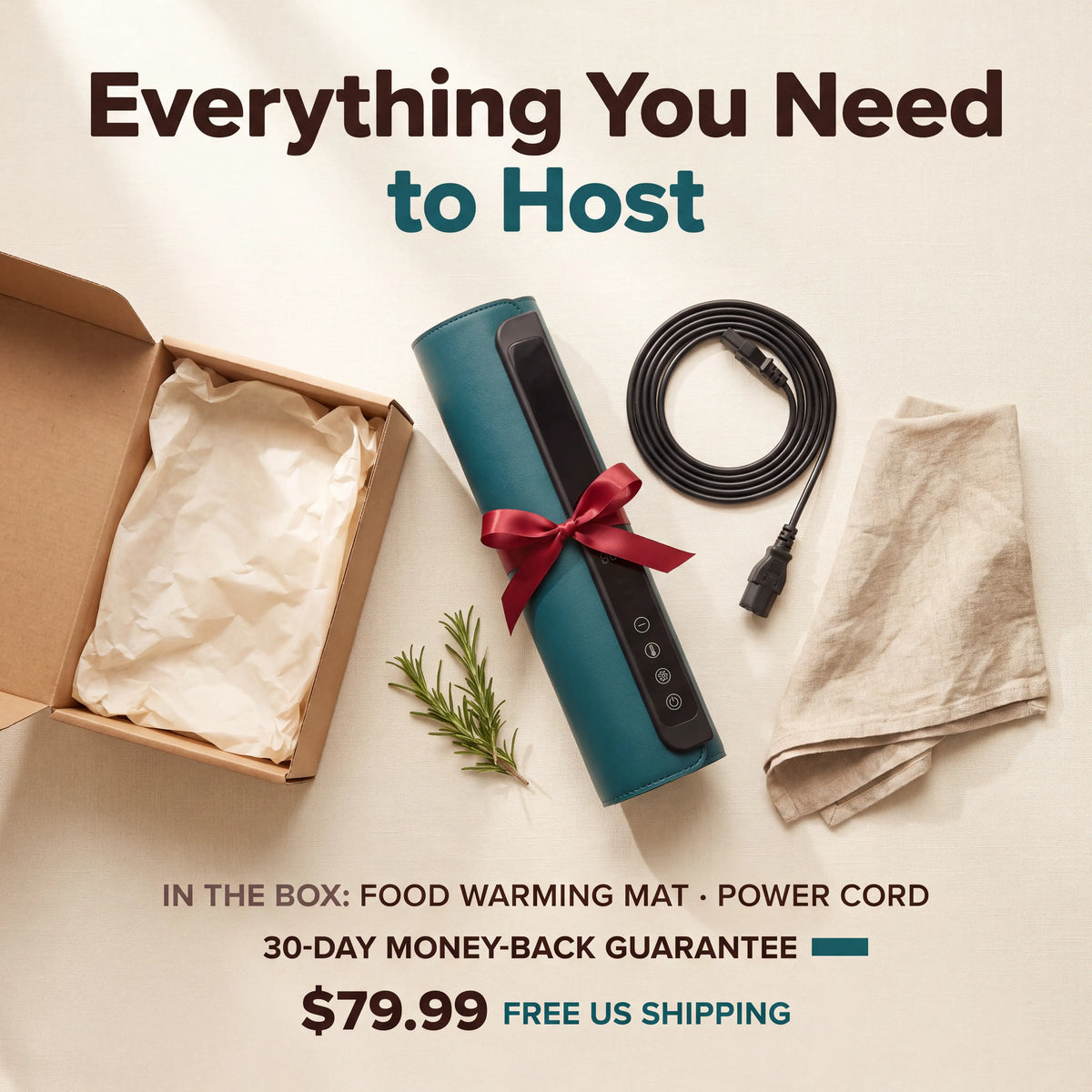 What's in the box: the rolled mat and power cord, $79.99 with free US shipping and a 30-day money-back guarantee
