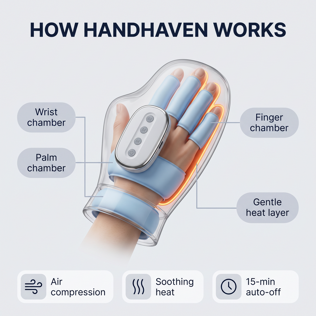 How HandHaven works: wrist, palm and finger air chambers with a gentle heat layer