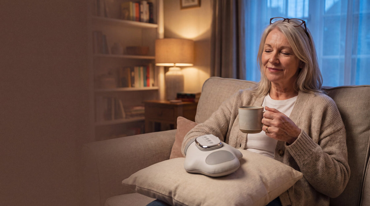 HandHaven hand massager in use on the sofa