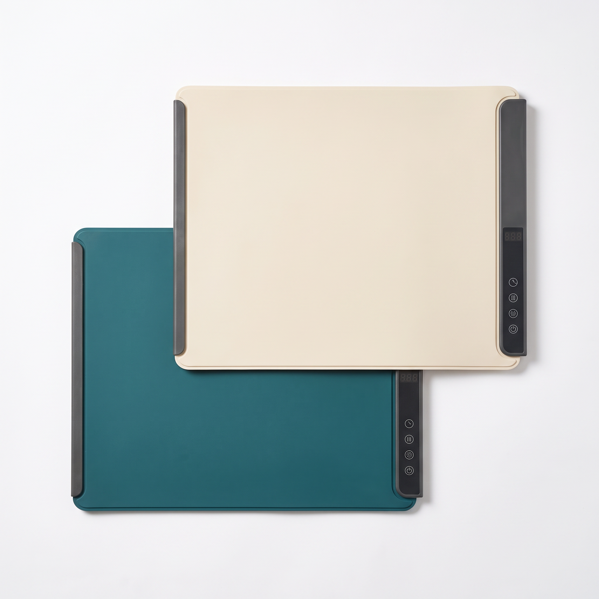 Two warming mats, Deep Teal and Warm Cream