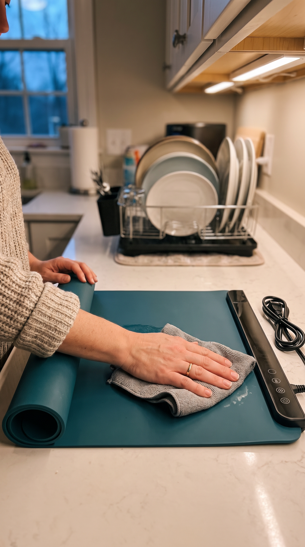 Wiping the cooled warming mat with a cloth before rolling it away