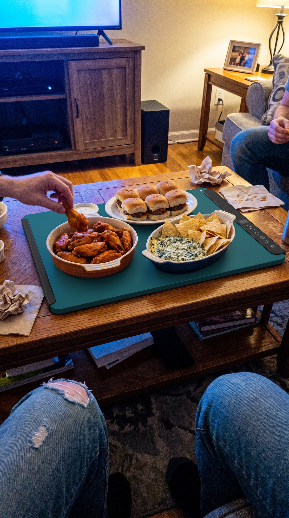 Wings, sliders and dip on the warming mat on a coffee table on game day