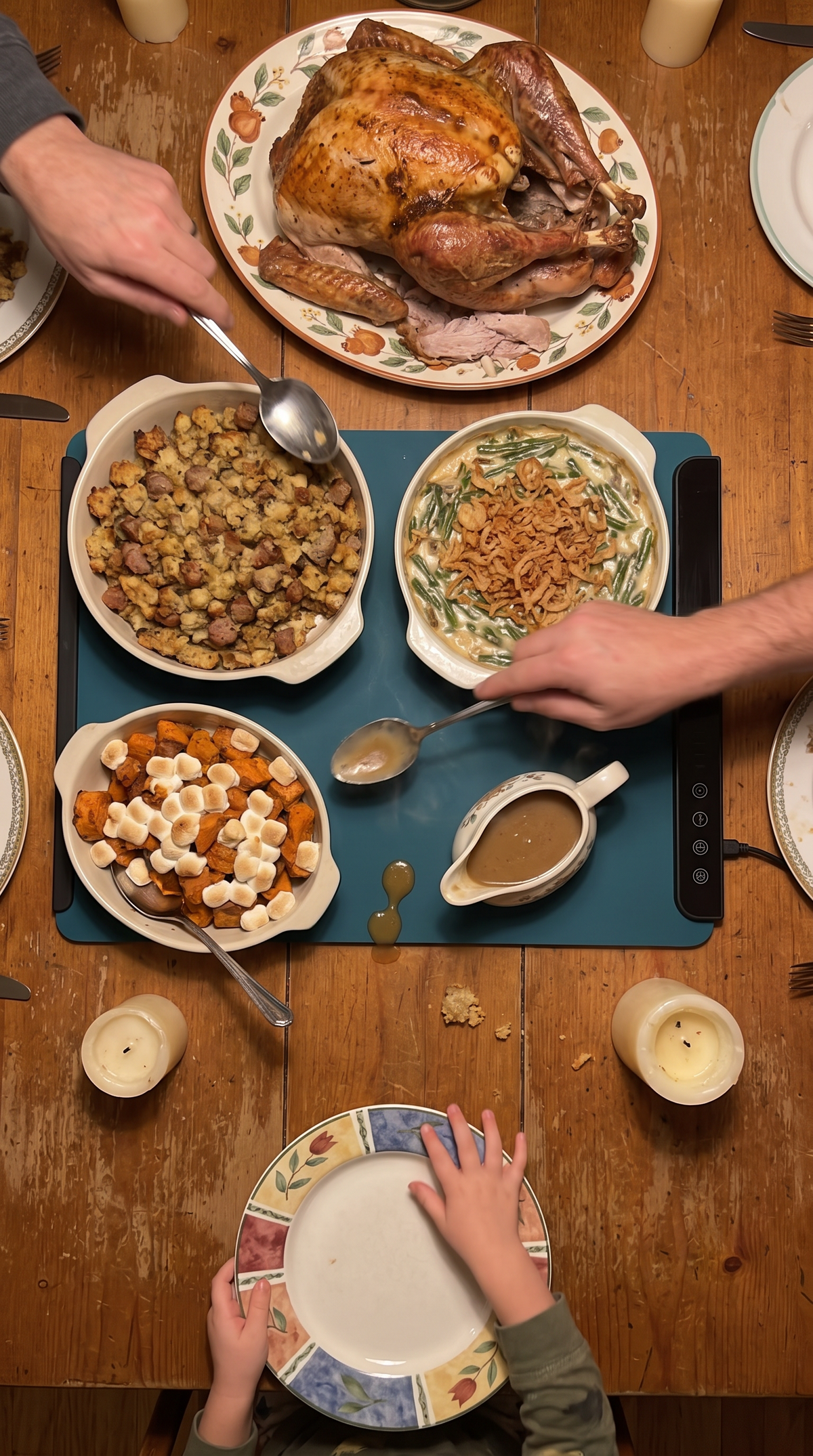 Family reaching for Thanksgiving sides on the warming mat