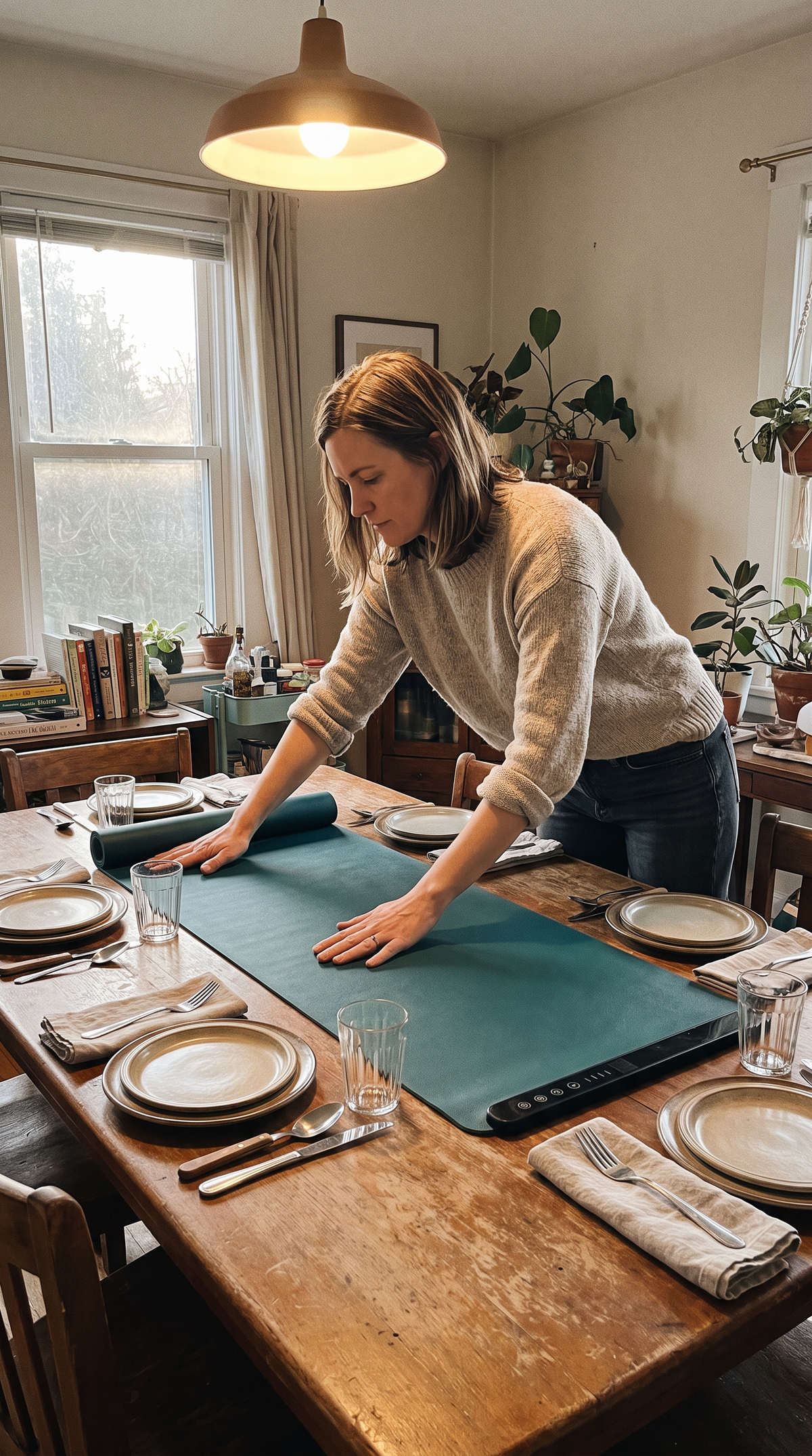 Host smoothing the warming mat down the middle of a set dining table