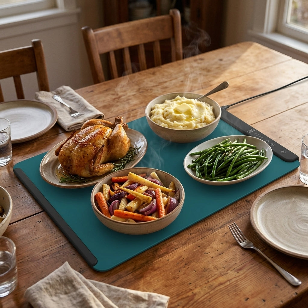 Teal Supperie mat keeping a family dinner warm on the table