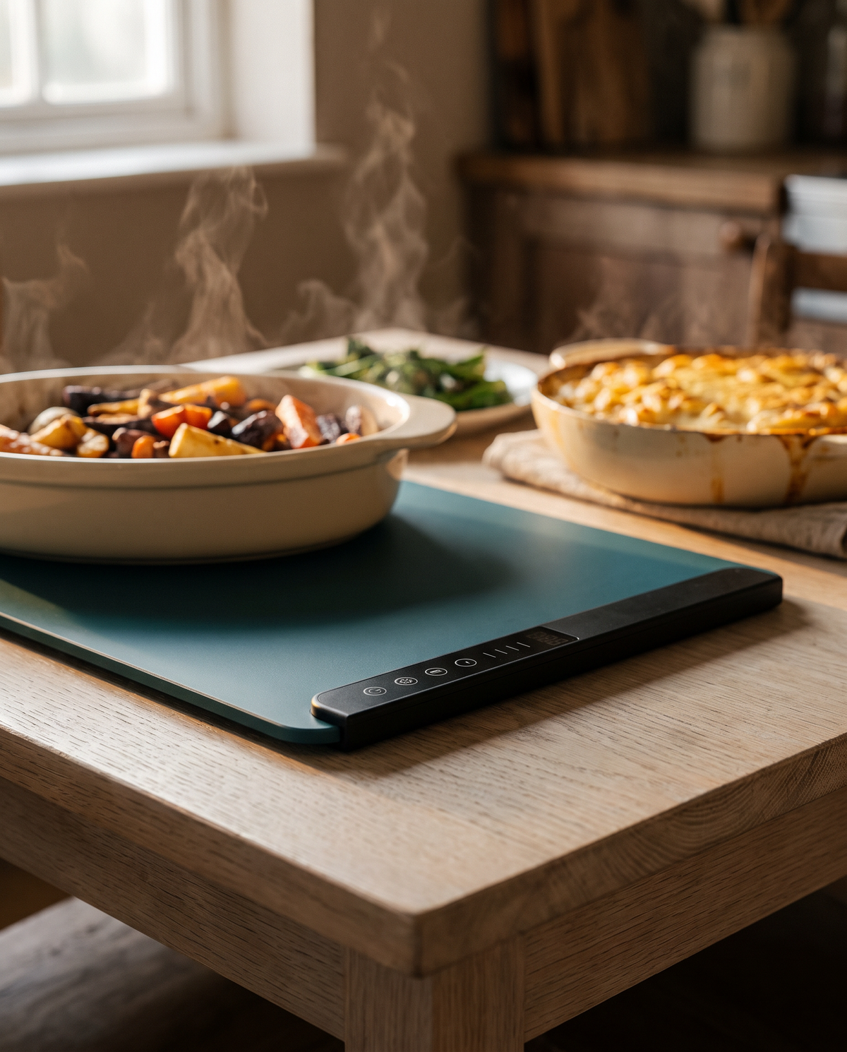 Close-up of the control strip with dishes on the mat behind