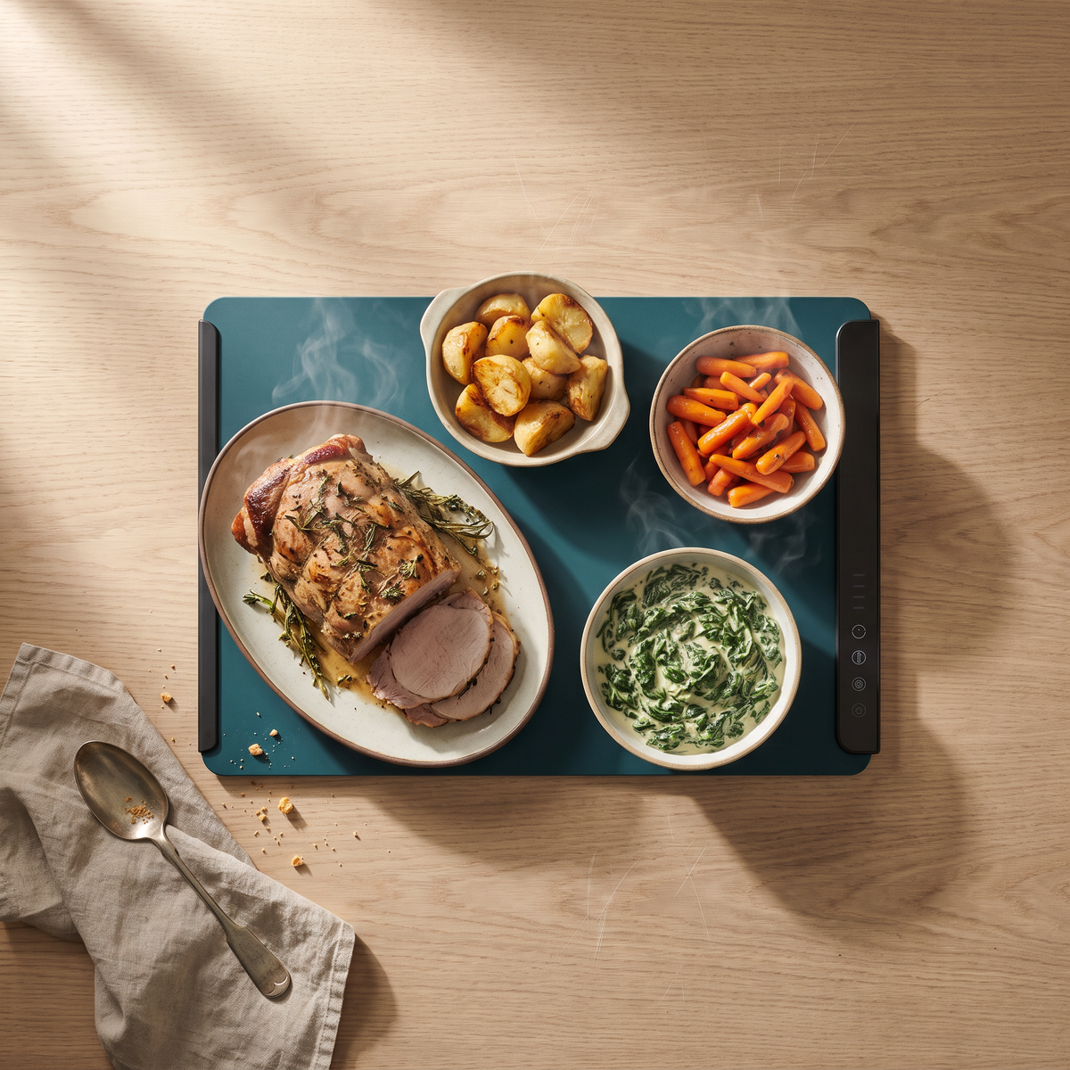 Roast pork and three sides on the warming mat