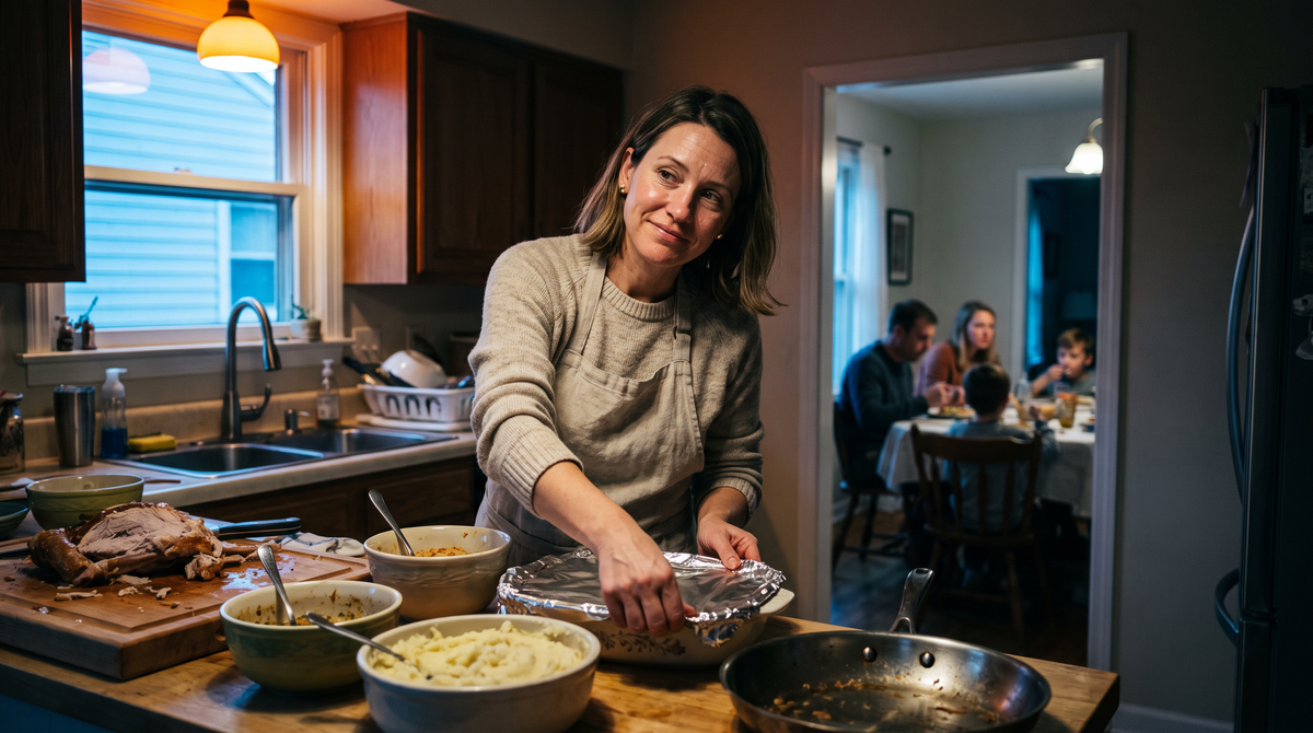 Host covering a dish with foil in the kitchen while her family is already eating